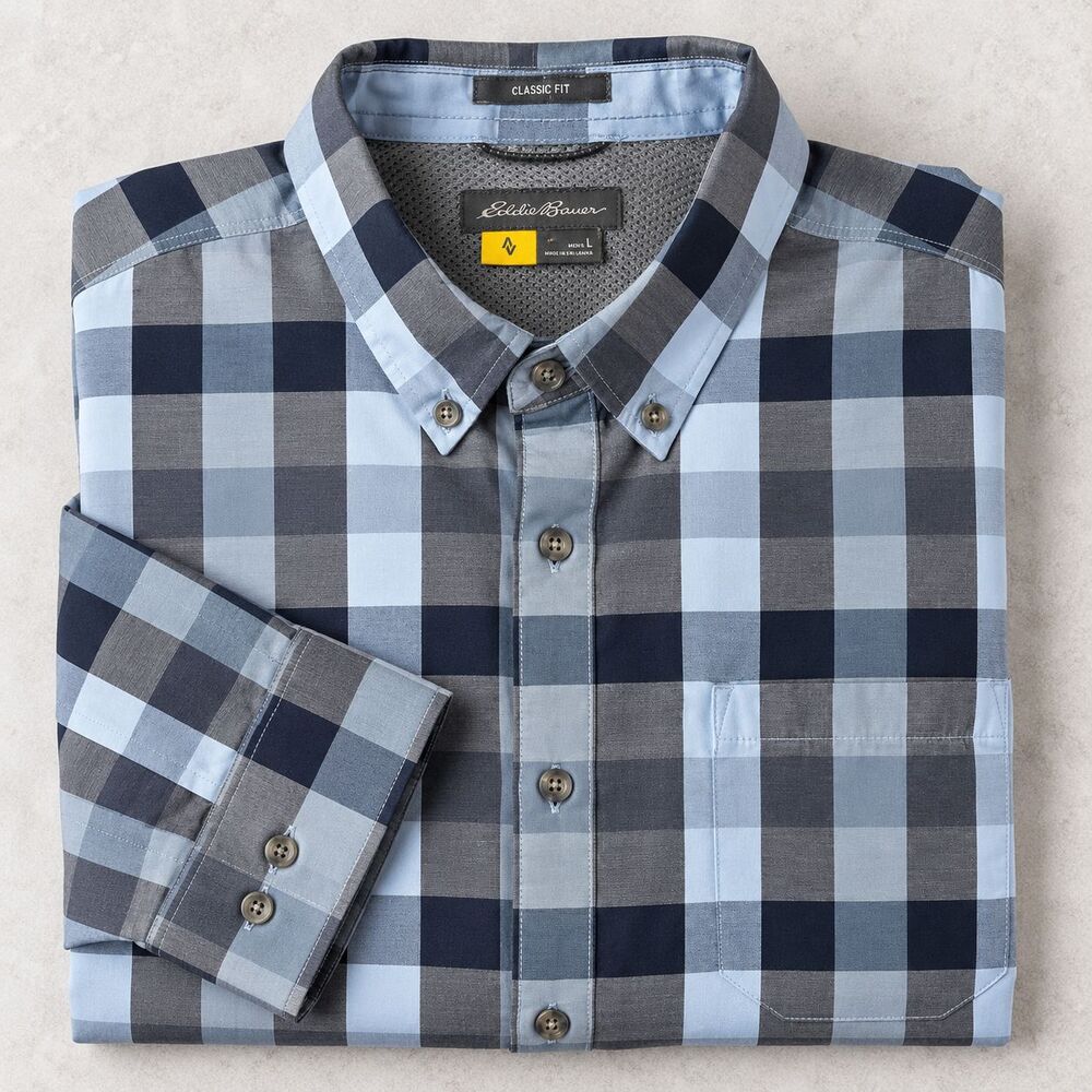 Eddie Bauer Men's L Plaid Hiking Shirt Lightweight Vented Gray Blue Outdoor